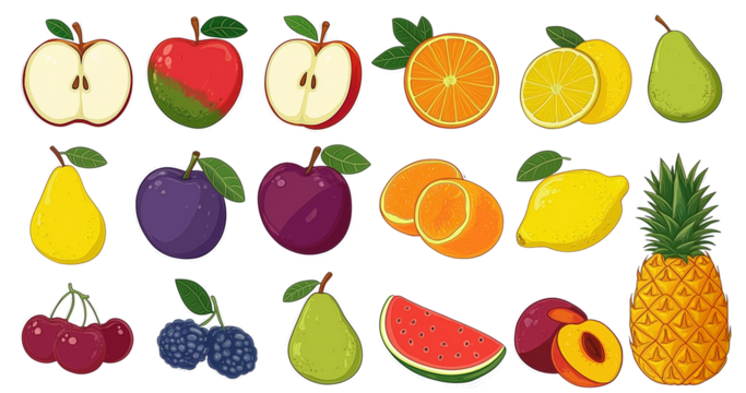 a set of colorful cartoon fruits clip art, featuring an apple cut in half with green leaves on top and the pit inside, mangoes with red rind and yellow skin, oranges, blueberries, pineapples, lemons, 