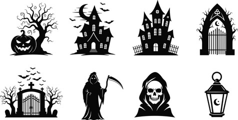 Halloween spooky silhouette set with haunted houses, grim reaper, gates, jack-o'-lanterns, bats, ghost, and lantern in vector style