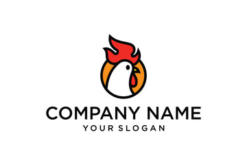 Chicken icon with fire outline logo design template