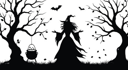 Halloween witch silhouette with cauldron, bats, spooky trees, falling leaves, magical forest scene, black vector illustration, eerie festive design