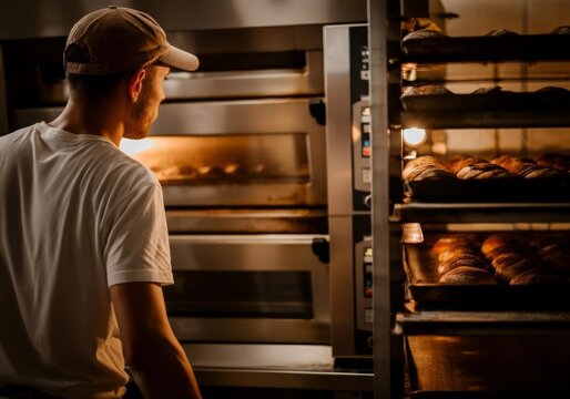 Young Caucasian male baker in cap checking bread in industrial oven with trays of freshly baked loaves in bakery kitchen