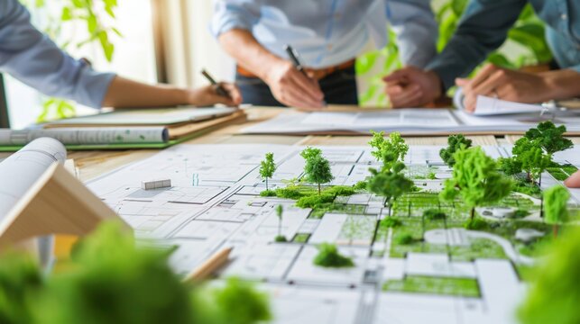 Collaboration of Professionals in Urban Planning with Detailed Landscape Model and Project Blueprints on Table