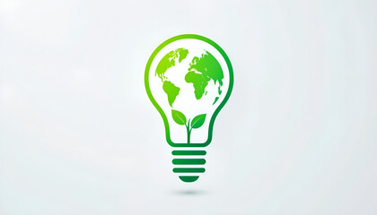 Green lightbulb with world map and plant, a minimal global clean energy vector icon