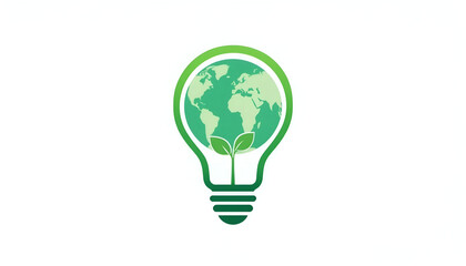 Green lightbulb with world map and plant, a global clean energy and eco concept icon