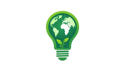 Green lightbulb with world map and plant, a minimal global clean energy icon