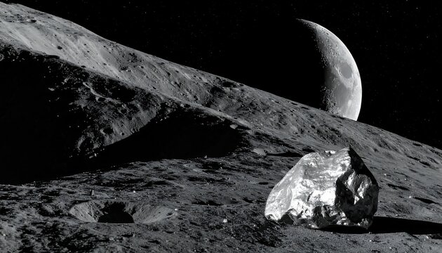 Gray moon-like landscape with a large rock and crescent moon