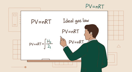Illustrative depiction of a teacher explaining the ideal gas law on a whiteboard format