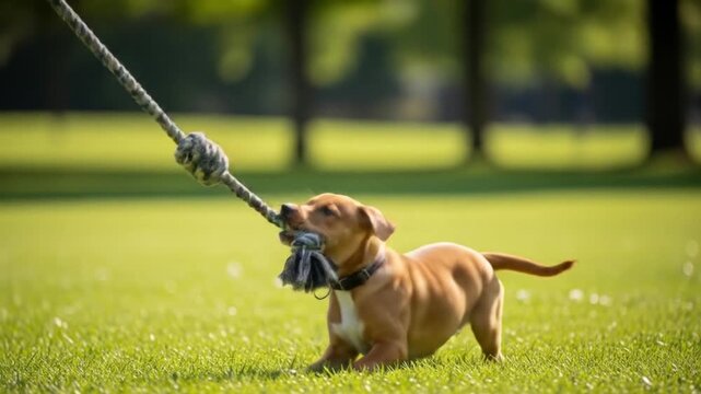 Energetic puppy tugging on a knotted rope toy in a grassy green field, playing outdoors