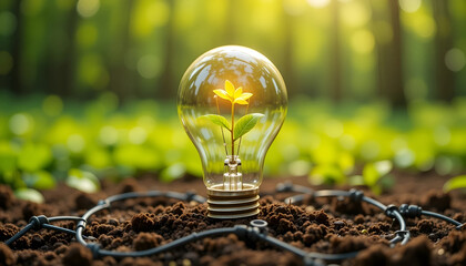 Plant growing inside a lightbulb on rich soil in a sunny green forest for eco energy