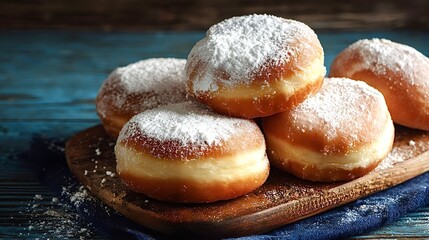 Freshly baked doughnuts dusted with powdered sugar