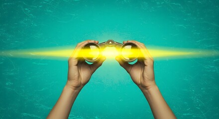 Hands holding binoculars with bright light, concept of vision and future