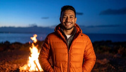 Man in orange jacket by campfire at night