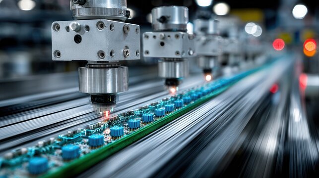 Robotic Arms Assembling Electronic Components on a Production Line