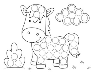 dot marker animal coloring page, cute horse and a cloud, designed with 3/4 inch circles. ready to print on letter paper (8.5x11 inches), black and white outline drawing for easy coloring.