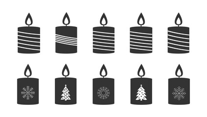 Silhouettes candles with flames arranged in a row on a white background for celebration and festivities. Vector illustration