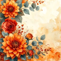 Autumn floral arrangement on watercolor background