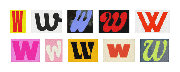 Magazine letter W collage tiles set on transparent PNG background
