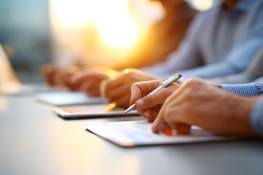 Strategic planning session for driving brand growth on market, strategic discussion over analytics reports and digital devices, strategic team leverages diverse skills - Powered by Adobe