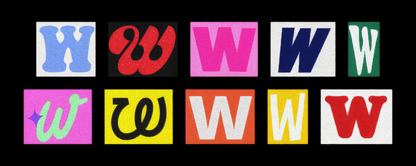 Assorted letter W glyph styles, paper cutout collage on black
