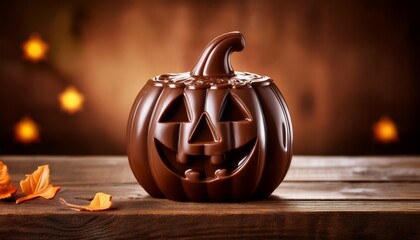 A Single Chocolate Jack O Lantern Sits On A Rustic Wooden Table