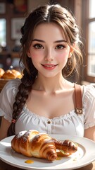 Beautiful woman offering croissant