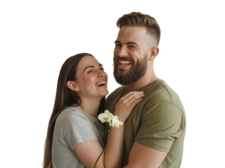 Happy couple embracing laughing together isolated on transparent background