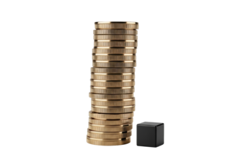 A tall, twisted spiral stack of polished bronze-colored metal coins with ridged edges, beside a small, polished black onyx cube on a transparent background, high-end luxury concept