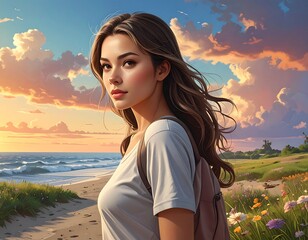 Beautiful woman on a beach at sunset