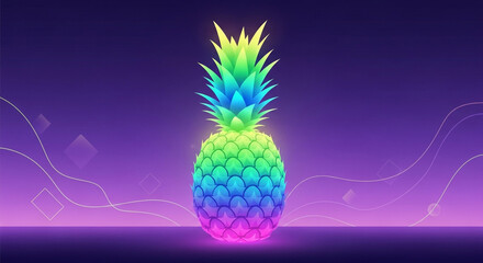 Vibrant, glowing pineapple with a dazzling rainbow gradient stands out against a modern, stylized purple background with abstract wavy lines and geometric shapes.