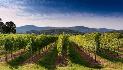 Naklejka premium Rows Of Grapevines In A Vineyard With Mountains In The Background Virginia