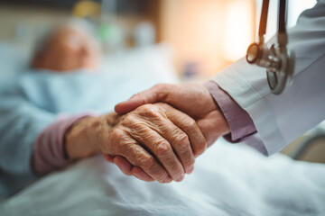 Compassionate care for elderly woman in medical setting, compassionate doctor offers emotional support and comfort, compassionate gesture conveys deep empathy