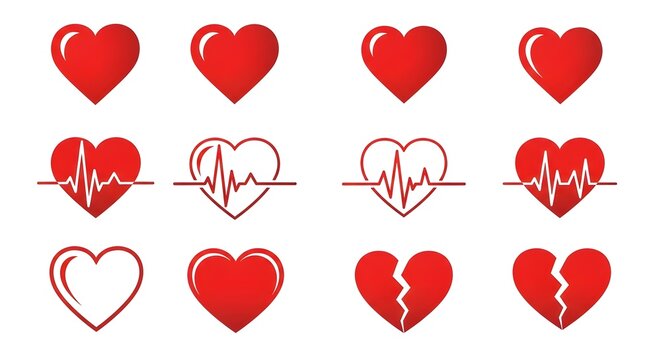 Collection of red heart icons including solid, outline, heartbeat, and broken heart designs, ideal for health, love, medical, romance, cardiology, and emotional wellness themed visual projects.

