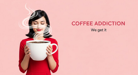 Woman blissfully enjoying aromatic steam from a giant coffee mug, embodying morning ritual and caffeine dependence