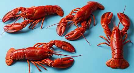 Vibrant red lobsters artfully arranged on a clean blue background evoke a sense of culinary delight and fresh seafood abundance.