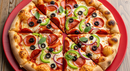Irresistible pepperoni pizza, a delicious feast with fresh toppings like olives, onions, and peppers, ready to be shared and savored.