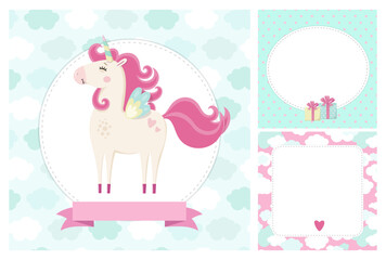 Set of unicorn theme cards and blank space. Delicate pastel colors, children's style. Framed postcars. Beautiful standing unicorn.