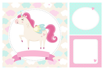 Set of unicorn theme cards and blank space. Delicate pastel colors, children's style. Framed postcars. Beautiful standing unicorn.