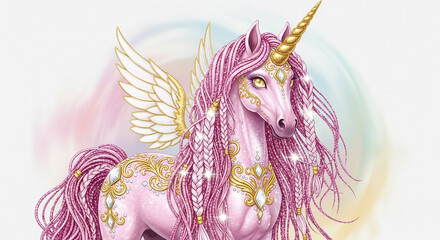 Magical winged unicorn adorned with golden jewels and flowing pink braids, radiating enchantment and wonder in a pastel dreamscape.