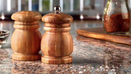 Wooden Salt And Pepper Shakers On Granite Counter Top
