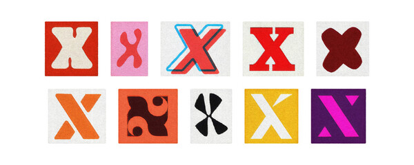 Assorted letter X glyph tiles, uppercase and lowercase, clear PNG
