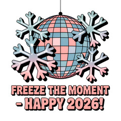 Freeze the Moment Happy 2026 text with snowflakes and disco ball in pastel winter party design
