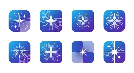 Set of eight modern digital star icons with abstract blue gradients, representing innovation, technology, creativity, and futuristic design, suitable for apps, branding, and user interface elements.