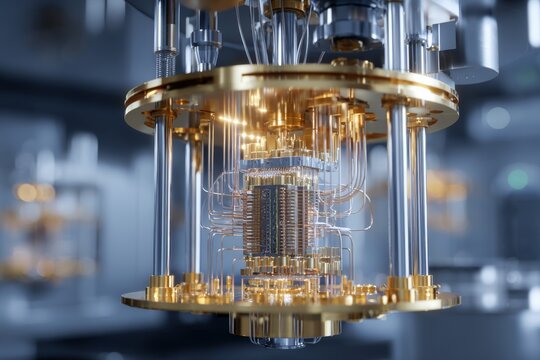A close-up view of a quantum computer showcasing its detailed and delicate components. The luminous wires and gold structures reflect innovation in technology