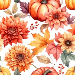 Autumn floral pattern with pumpkins and fall leaves