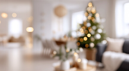 Blurred image of Christmas tree standing in a festive living room, creating a warm, cozy holiday atmosphere with glowing bokeh lights in a bright and inviting home interior background