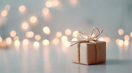 Gift box wrapped in brown kraft paper and rustic twine on a light surface, surrounded by warm, glowing string light bokeh suitable for holidays, celebrations, and special occasions