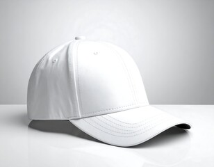 Fototapeta premium Blank white baseball cap mockup on a reflective surface, perfect for branding, advertising, and showcasing custom designs with modern style.