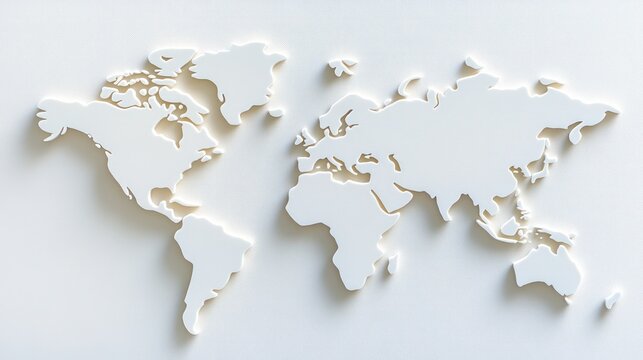 World map rendering showing continents in neutral white color with subtle shadows