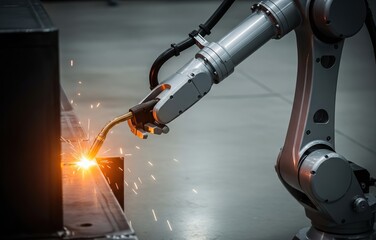 Mechanical robotic arm grips welding torch tightly creating single controlled spark over reflective metallic surface in plain neutral background