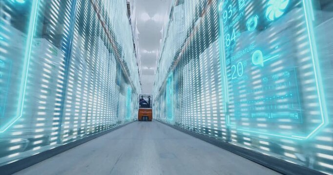 Smart cold chain logistics concept. Cold storage food warehouse inside, interior. Smart frozen storage warehouse. Semi-automated warehouse. Automated Storage & Retrieval System. 